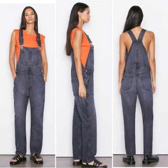 FRAME Denim Classic Jean Straight Leg Bib Overalls In Blackwater Black